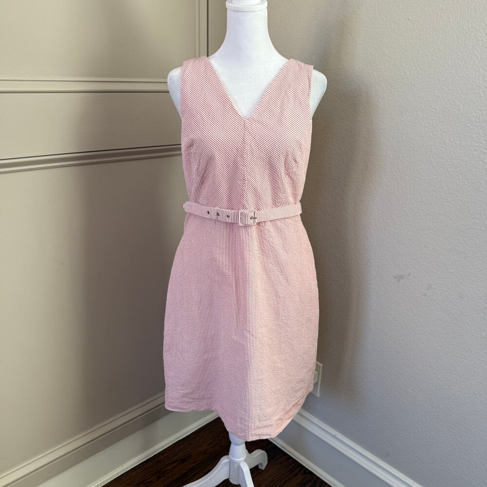 J.Crew Factory Belted Seersucker Dress Red Sleeveless Fit & Flare Size 12